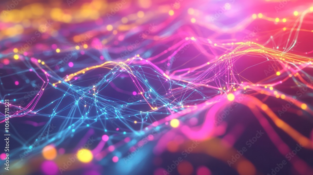Poster dynamic abstract graph, where lines pulse and shift in real-time, visualizing the interaction of dat