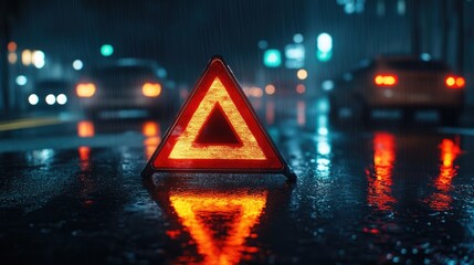 An emergency triangle reflecting in the rain at night, showcasing road safety measures.
