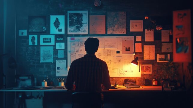 An engaging scene of a brainstorming session, featuring mood boards and color palettes used for a design project in Corel Draw.