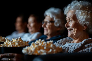 Seniors enjoying a movie night with popcorn in a cozy dark theater setting