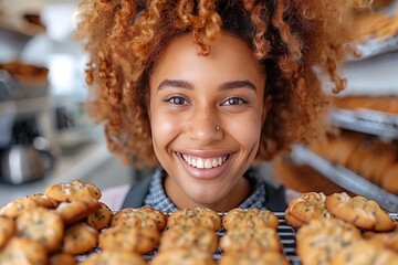 Naklejka premium A young baker proudly presents freshly baked chocolate chip cookies in a bustling bakery kitchen during the afternoon