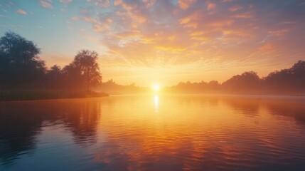 Obraz premium Breathtaking sunrise over a tranquil lake, with vibrant colors reflecting on the water's surface, creating a peaceful morning scene.