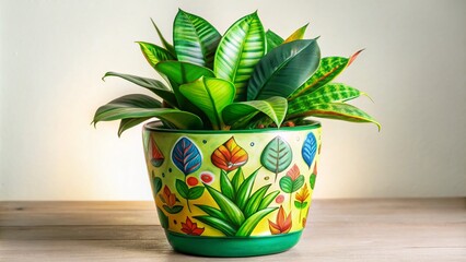 A playful illustration of a vibrant potted plant, showcasing whimsical greenery ideal for decorative home decor, perfect for indoor gardening enthusiasts seeking artistic flora designs.