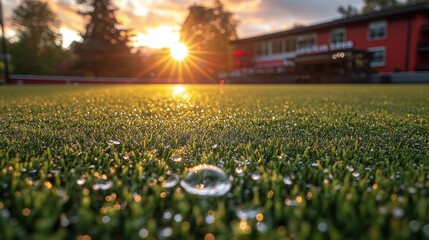 Dewdrops on artificial grass at sunrise with a red building in the background.