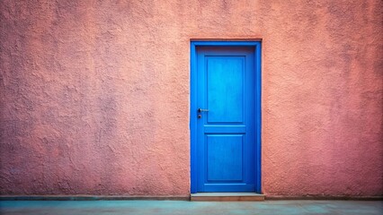 A solitary blue door, a vibrant contrast against the muted peach stucco wall, whispers of hidden possibilities and the promise of a new beginning.