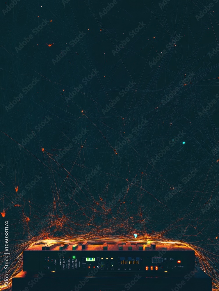 Poster a network router is surrounded by glowing abstract lines, creating a dynamic representation of digit