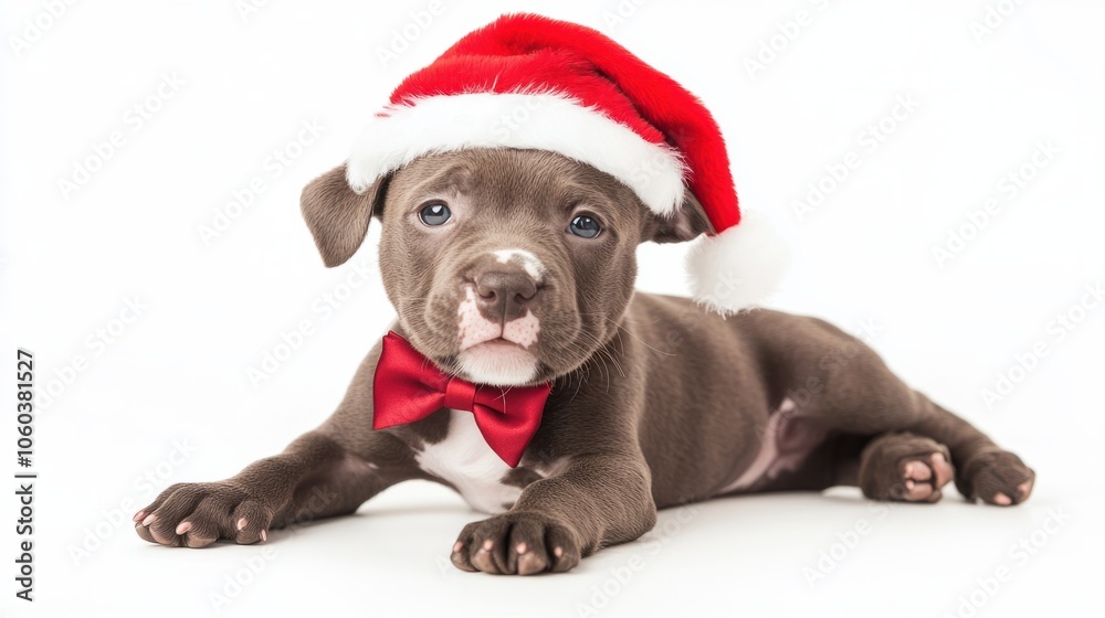 Wall mural Cute puppy wearing a holiday bow tie and Santa hat, isolated on a white background