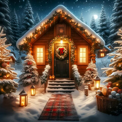 Obraz premium Christmas wreath on front door with view of snowy street and holiday lights in background