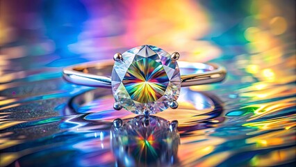 A Sparkling Gemstone Ring Reflects a Kaleidoscope of Colors on a Shimmering Surface