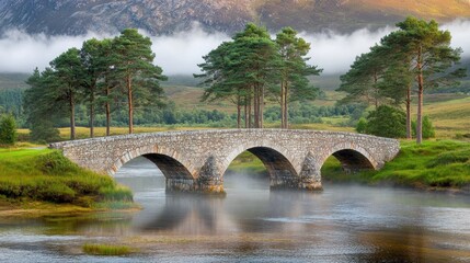 Fototapeta premium Enchanting Stone Bridge Crossing Misty River in Picturesque Landscape