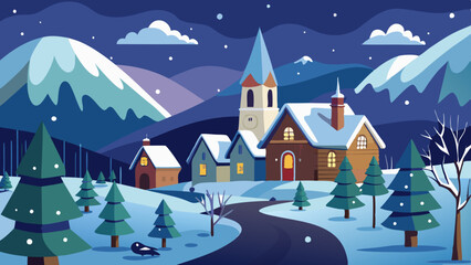 Snow Falling on a Quiet Village Scene. Snow Falling on a Quiet Village at Night with Cozy Houses and Mountains