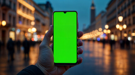 Fototapeta premium Close-up of a smartphone with a green screen held by a hand against a festive, blurred Christmas background. Ideal for holiday greetings, online shopping, or social media sharing during celebrations