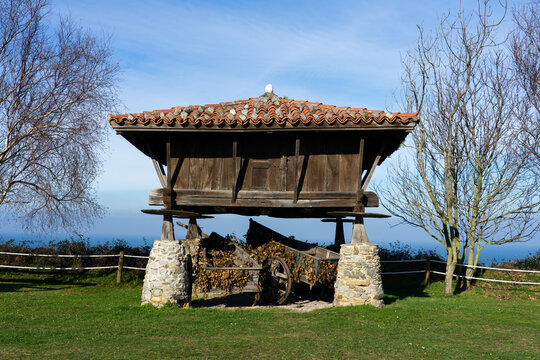 Typical Asturian horreos in Cadavedo, Asturias, Spain