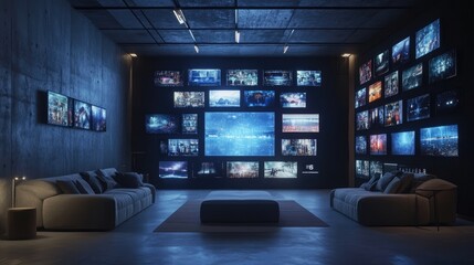 Futuristic living room with a wall of interconnected smart TV screens displaying a mosaic of digital media content, featuring sleek minimalist decor and ambient lighting.