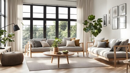 Fototapeta premium Bright and Airy Living Room with Stylish Neutral Palette, Plush Seating, and Abundant Greenery for a Fresh Look (24)