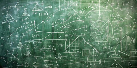 Fototapeta premium Chalkboard covered in a symphony of mathematical equations and geometric shapes, showcasing the beauty and complexity of abstract knowledge