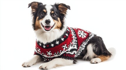 Fototapeta premium Dog in a cozy holiday sweater with snowflake design isolated on white background