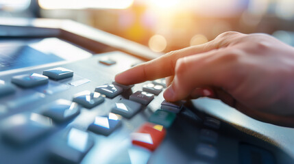 Hand pressing voting ballot button on electronic voting machine in modern polling station, highlighting democratic process and civic duty.