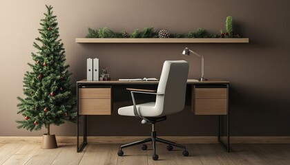 Fototapeta premium Stylish Christmas-themed home office with a sleek desk and ergonomic chair, highlighted by subtle holiday decorations and a small evergreen tree.