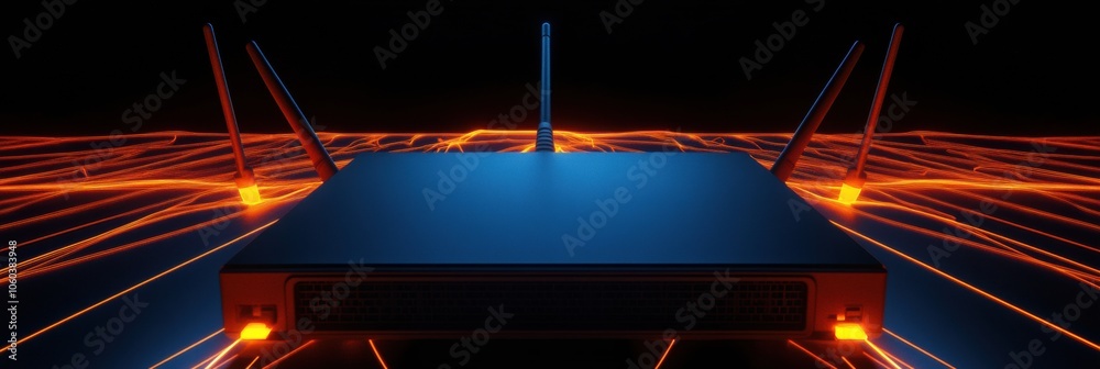 Poster a network router stands prominently amid abstract glowing lines and cables, illustrating connectivit