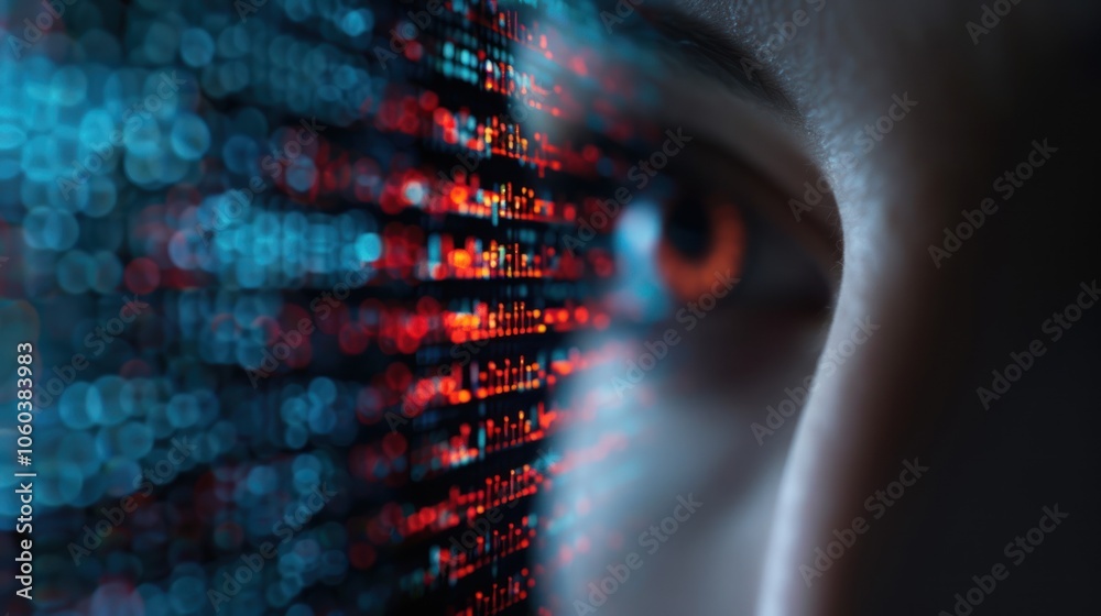 Wall mural a close-up of an eye with digital data streams, symbolizing technology, artificial intelligence, and