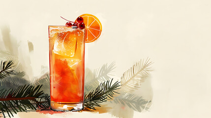 Cocktail on a white background with a branch of a Christmas tree
