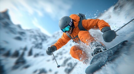 A skier in bright orange gear speeds down a snow-covered slope, creating a spray of snow against a stunning mountainous backdrop.