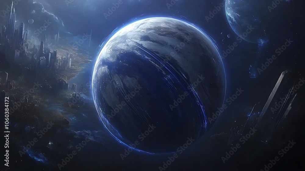 Wall mural futuristic cityscape with planet light gradient background with room for typography