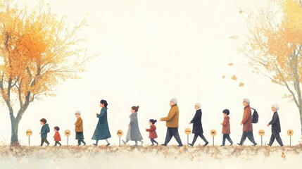 An illustration of diverse individuals of various ages, from children to seniors, walking along a pathway lined with milestone markers, symbolizing the journey through life stages while emphasizing 