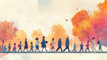 An illustration of diverse individuals of various ages, from children to seniors, walking along a pathway lined with milestone markers, symbolizing the journey through life stages while emphasizing 