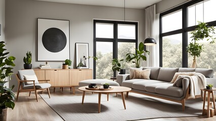 Fototapeta premium Bright and Airy Living Room with Stylish Neutral Palette, Plush Seating, and Abundant Greenery for a Fresh Look (38)