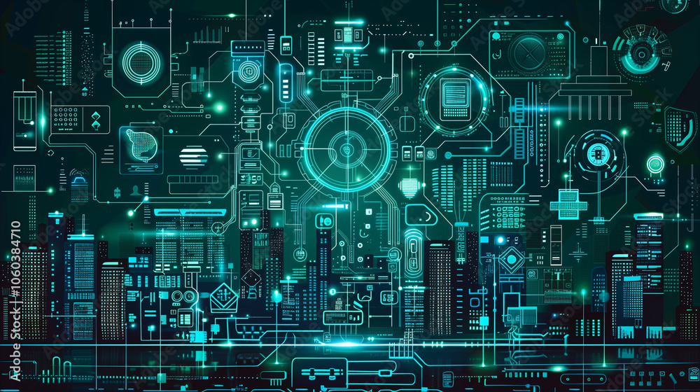 Poster digital interface with glowing turquoise circuits, pixelated patterns, and virtual data projections,