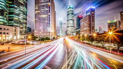 Obraz premium A stunning long exposure captures a bustling city street at night, showcasing vibrant traffic trails and glimmering neon lights in a breathtaking panoramic view.