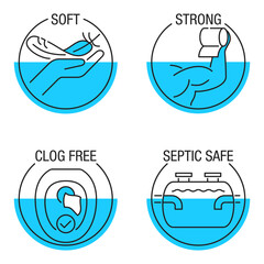 Toilet paper features icons - Soft, Strong, Clog-free, Septic-safe, in thin line