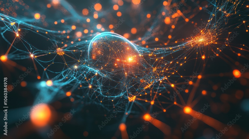 Poster a dynamic visualization of a global database, featuring a 3d neural network structure that symbolize