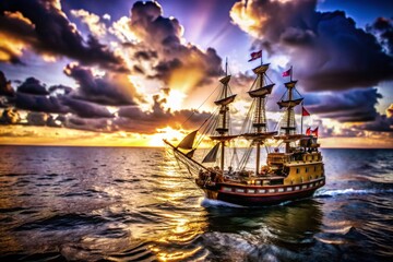 Obraz premium A stunning pirate ship sails into the sunset, captured in tilt-shift photography that highlights its nautical splendor and vibrant colors against a breathtaking sky.