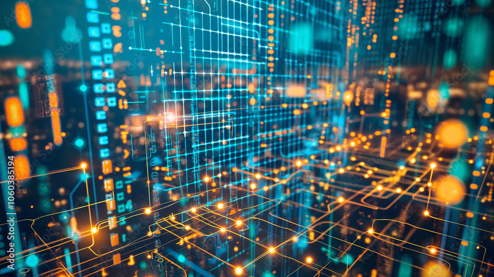 Poster digital interface with glowing turquoise circuits, pixelated patterns, and virtual data projections,