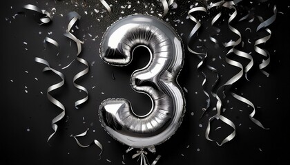 Silver birthday / anniversary balloon, number 3, black background with confetti