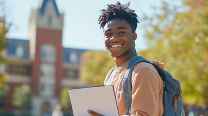 A student holding a scholarship award letter, smiling with a backdrop of a university campus.
