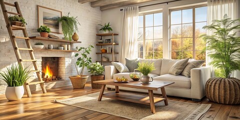 Fototapeta premium A Cozy Living Room Filled with Natural Light and Lush Greenery, featuring a Comfortable Sofa, a Rustic Wooden Coffee Table, and a Warm Fireplace