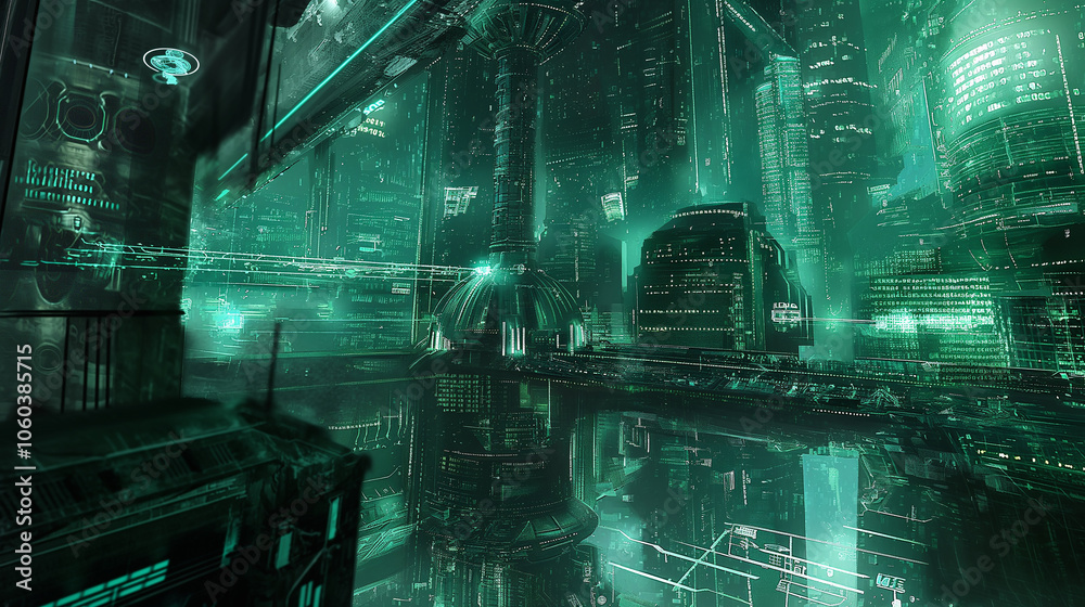 Poster digital interface with glowing turquoise circuits, pixelated patterns, and virtual data projections,