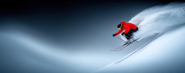 A skier in a red jacket cuts through fresh snow against a dark blue background, showcasing speed and dynamic movement in a winter landscape.