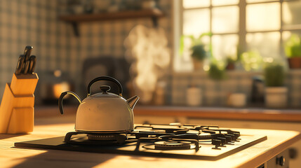 Fototapeta premium Kettle on the gas stove, A silver tea kettle sits on a stove burner with a blue flame