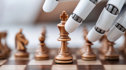 A robotic hand moves a wooden chess piece on a chessboard, illustrating the intersection of technology and strategy in gameplay.