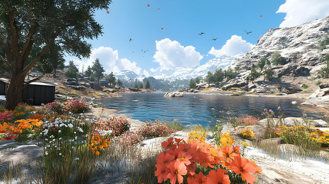 Mountain Lake Landscape with Flowers and Birds Illustration