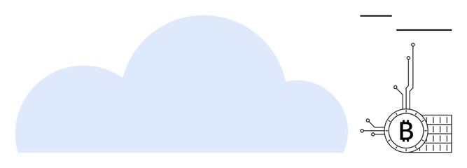 Light blue cloud on the left and a Bitcoin symbol with lines resembling circuits on the right. Ideal for themes of technology, cryptocurrency, cloud computing, data storage, and digital finance