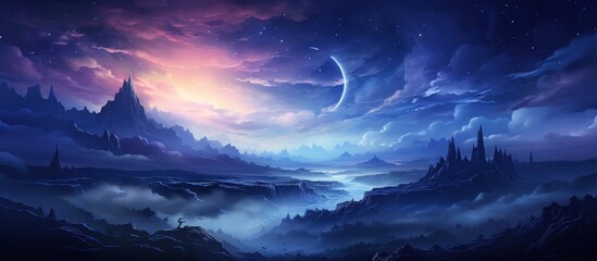 A serene, mystical landscape with mountains, clouds, and a crescent moon at twilight.
