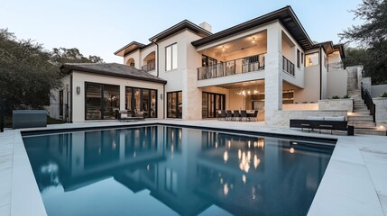 Fototapeta premium Luxurious modern house with a spacious outdoor pool, large windows, and a patio dining area, surrounded by trees and contemporary landscaping.