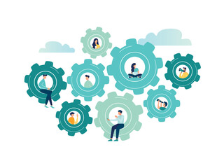 Team or organization, office role or job position or skills to drive company, teamwork or collaboration for success, team effort concept, business people working to rotate connected cogwheels gear
