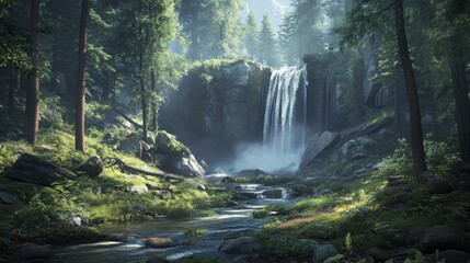 Obraz premium A serene waterfall cascades down a rocky cliff face in a lush green forest, surrounded by tall trees and a flowing stream. The sunlight filters through the canopy, creating a magical atmosphere.